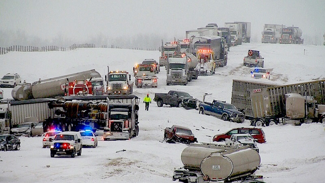 A winter pile up on the freeway.