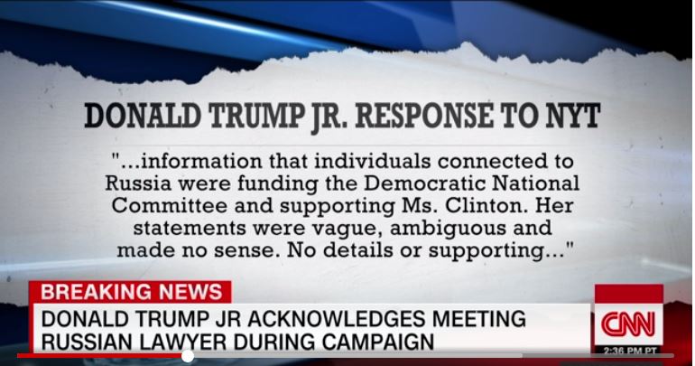 Trump’s Inner Circle Sought Russian ‘Dirt’ on Clinton Screen shot of Donald Trump Jr's response to NYT report
