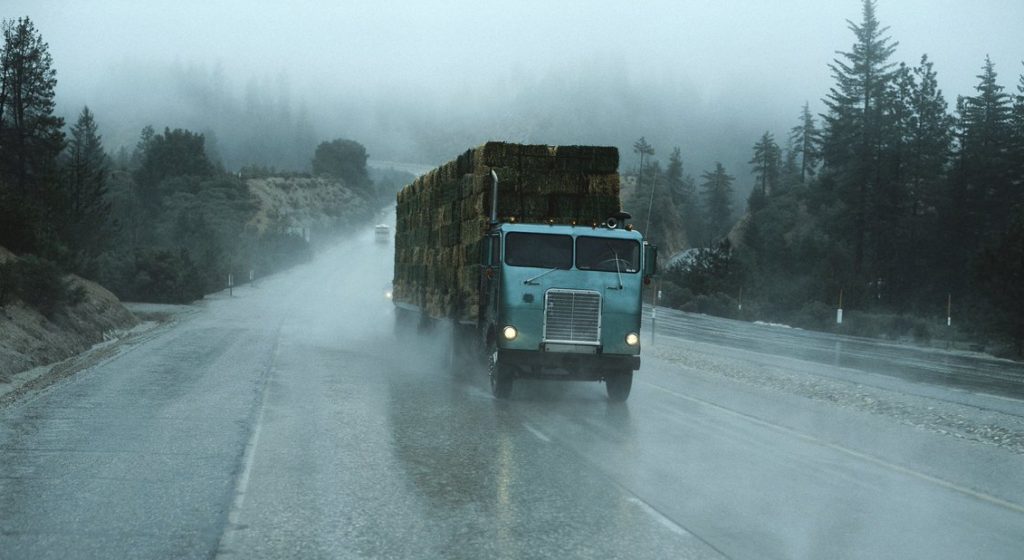 A semi truck driving down the road.