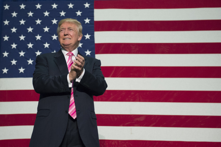 Clueless and Self-Absorbed Trump in front of a giant flag.