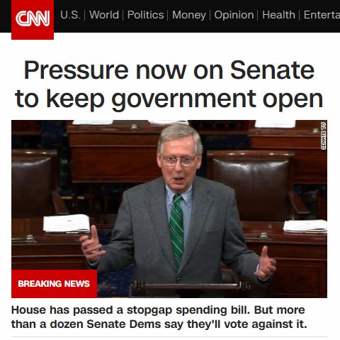 Cnn screenshot of story on the government shutdown.