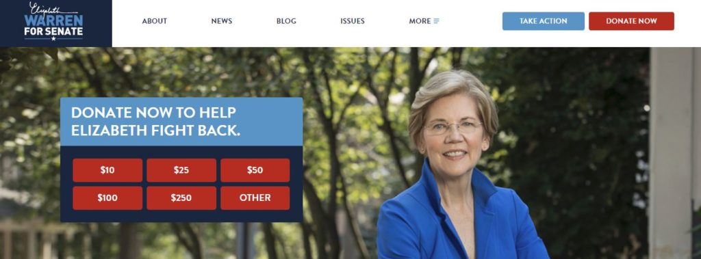 Screen Shot of Elizabeth Warren's Campaign Site