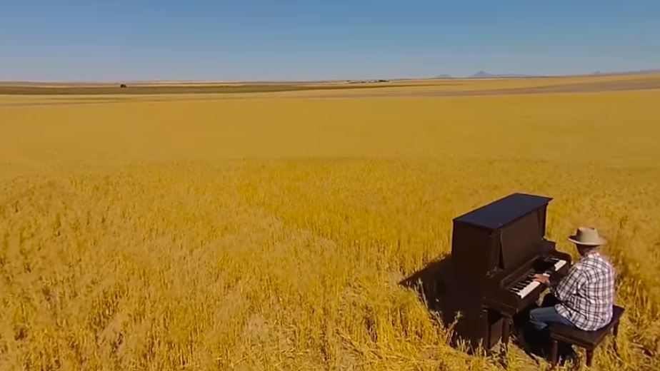 A man plays piano in a field of wheat.