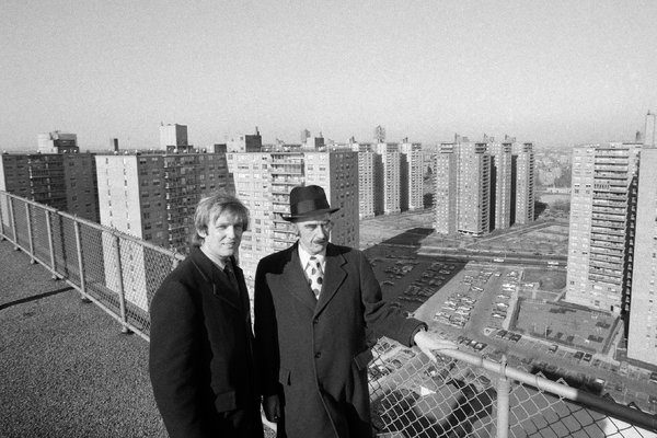 Trump and hif fater on a rooftop in Queens.
