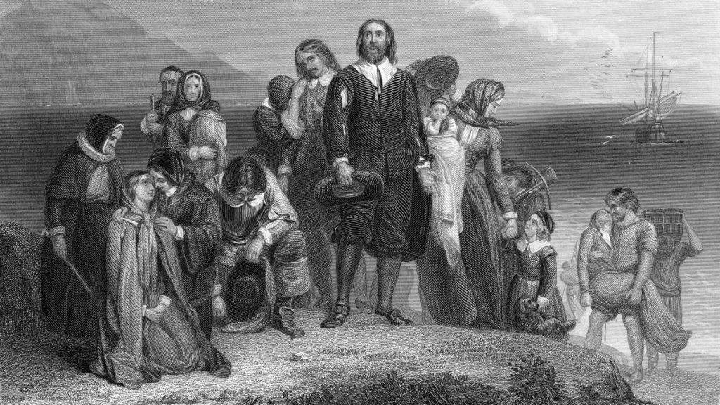 Trump Threatens Pilgrims at the Border Pilgrims depicted in a 18th century painting.