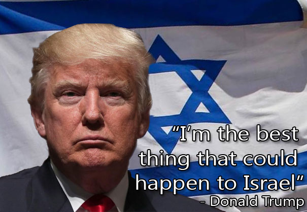 Trump in front of the Israeli flag.