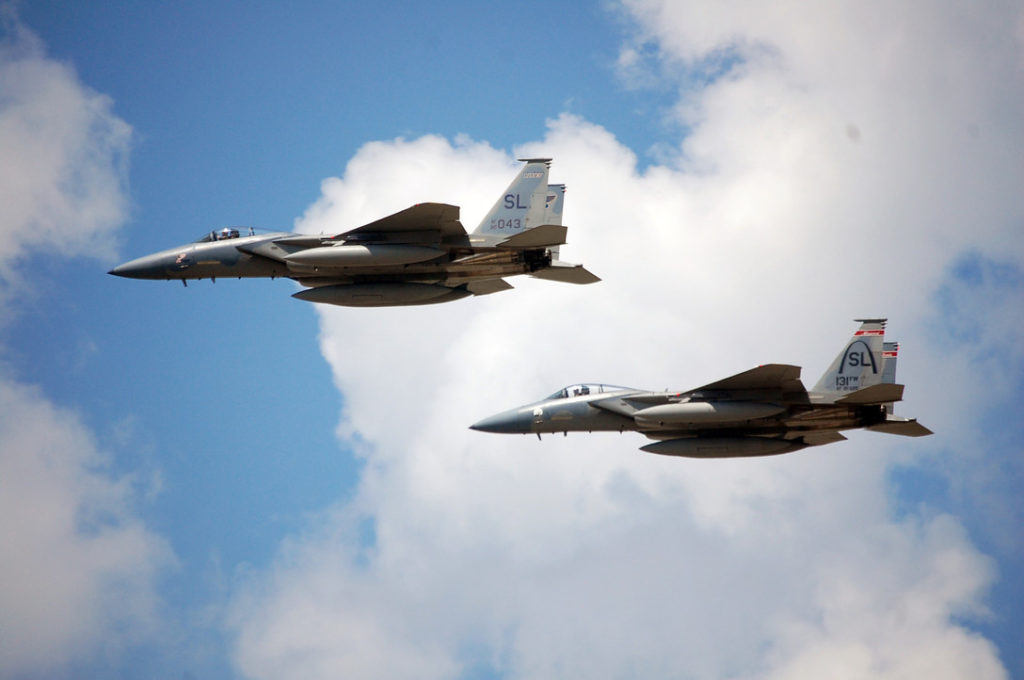 Two Missouri Air National Guard F-15Cs in a 2009 Guard photo by Senior Airman Jessica Donnelly.