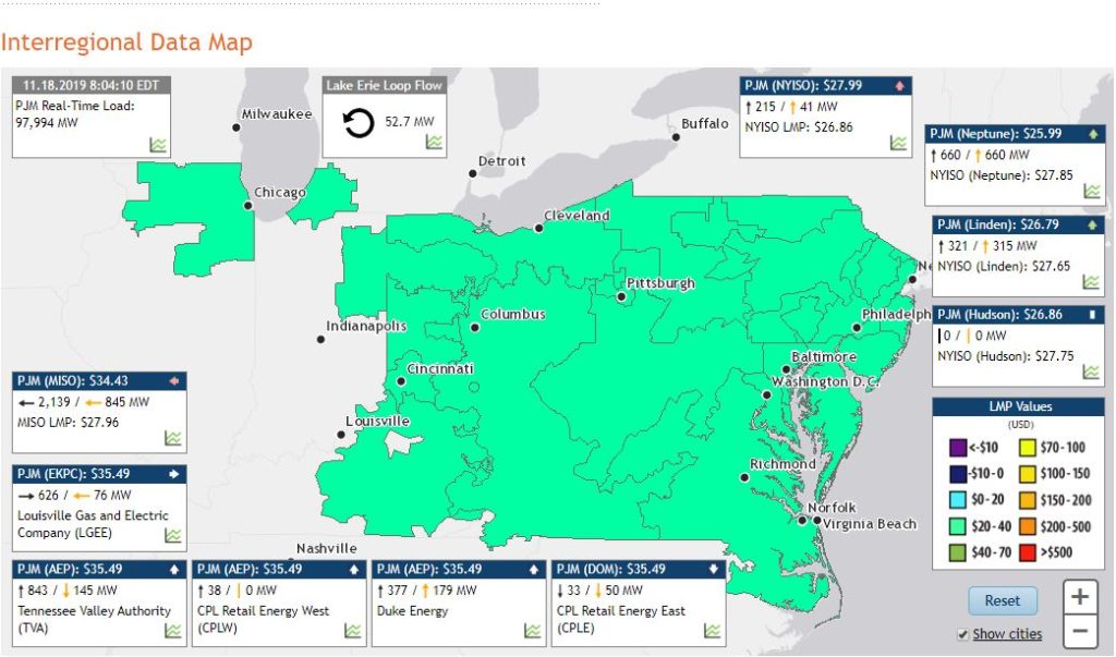 PJM Interconnection electrical flow and pricing map
