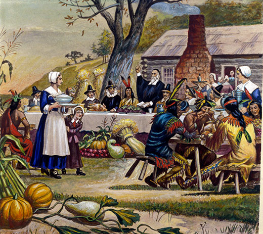 Dispatch from the Frontlines of the War on Thanksgiving Thanksgiving depicted in a historic painting.