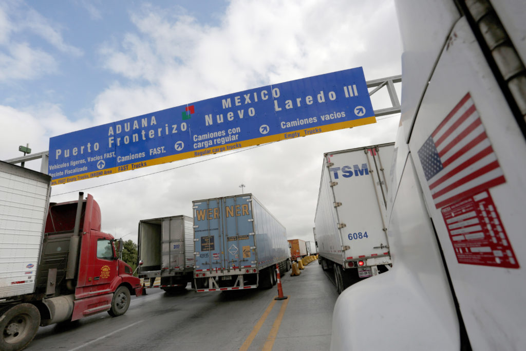 Trucks waiting to enter the U.S. at the World Trade Bridge in Nuevo Laredo, Mexico.
