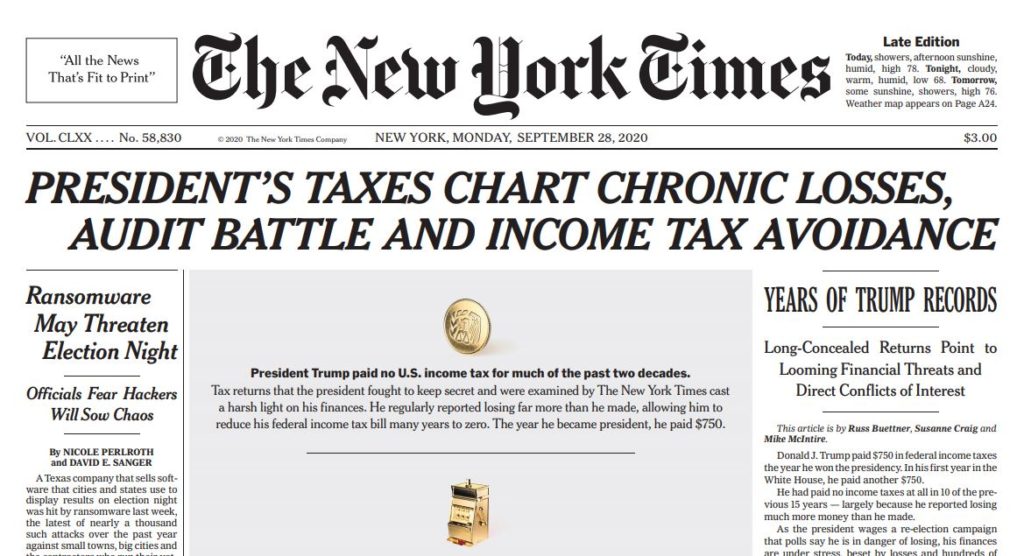 The Times Pulls Back the Covers on the Unrepentant Tax Cheat new York Times Article on Trump's Taxes.