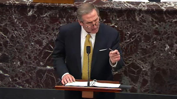 Trump Lawyers Phone-In the Defense Defense Lawyers: WASHINGTON, DC - FEBRUARY 12: In this screenshot taken from a congress.gov webcast, former President Donald Trump's defense attorney Michael van der Veen speaks on the fourth day of former President Donald Trump's second impeachment trial at the U.S. Capitol on February 12, 2021 in Washington, DC. Trump's defense lawyers will present their case on Friday, where his legal team will argue that he should be acquitted of inciting an insurrection. (Photo by congress.gov via Getty Images)