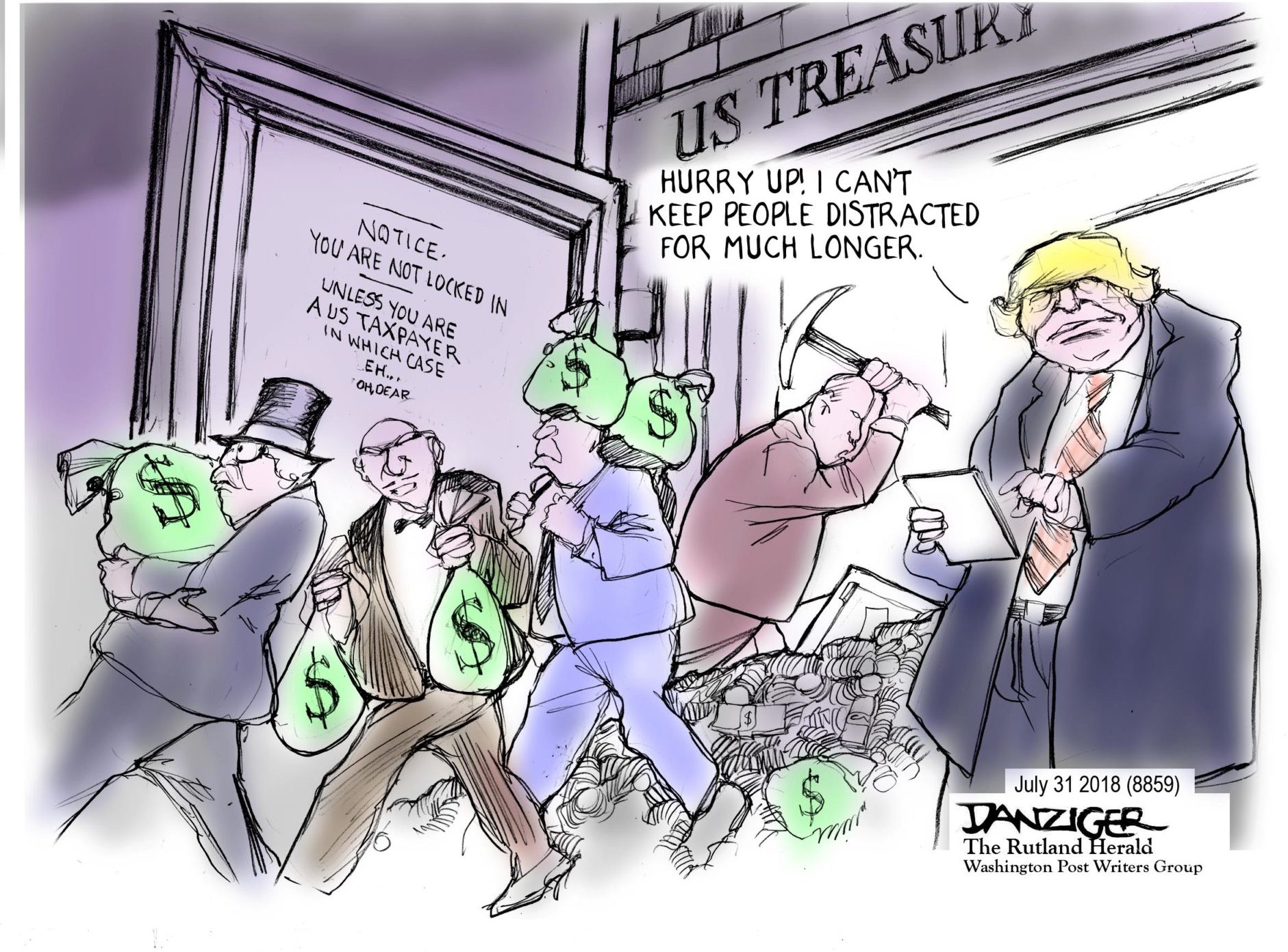 CEOs: ax Break for Wealthy, US Treasury, Trump, distraction, political cartoon