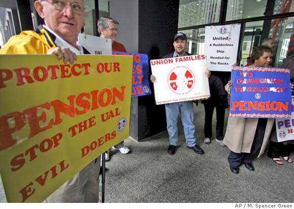Pensions: Members of the International Association of Machinist and Aerospace Workers protest outside federal bankruptcy court Wednesday, May 11, 2005 in Chicago where their union is battling United Airlines who is attempting to terminate the collective bargaining agreement that the machinists have with the financially troubled airline. The union has overwhelmingly authorized a strike if the agreement is thrown out. (AP Photo/M. Spencer Green)
