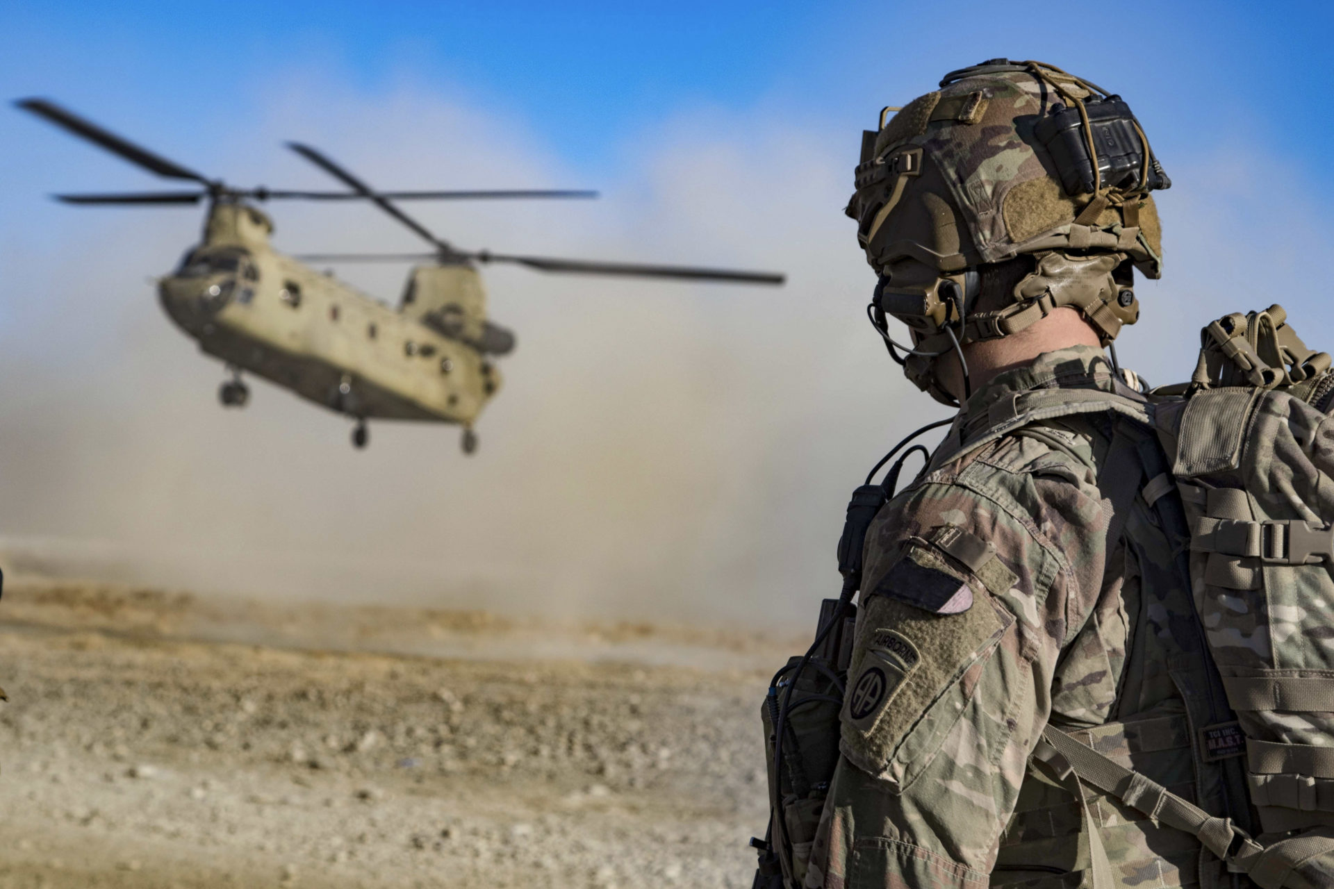 Afghan War: U.S. Army Staff Sgt. Jason N. Bobo, assigned with C Troop, 5th Squadron, 73rd Cavalry Regiment, 3rd Brigade Combat Team, 82nd Airborne Division watches as a CH-47 Chinook helicopter prepares to land in preparation for the extraction (EXFIL) of Afghan and U.S. Soldiers following a key leader engagement Dec. 29 in Southeastern Afghanistan.