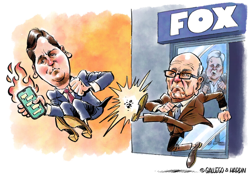 Political cartoon of Tucker Carlson firing