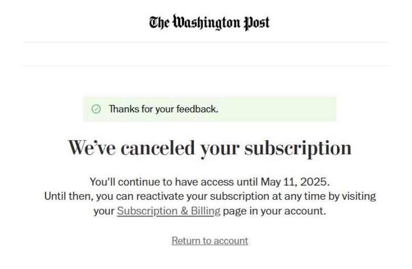Washington Post subscription canceled