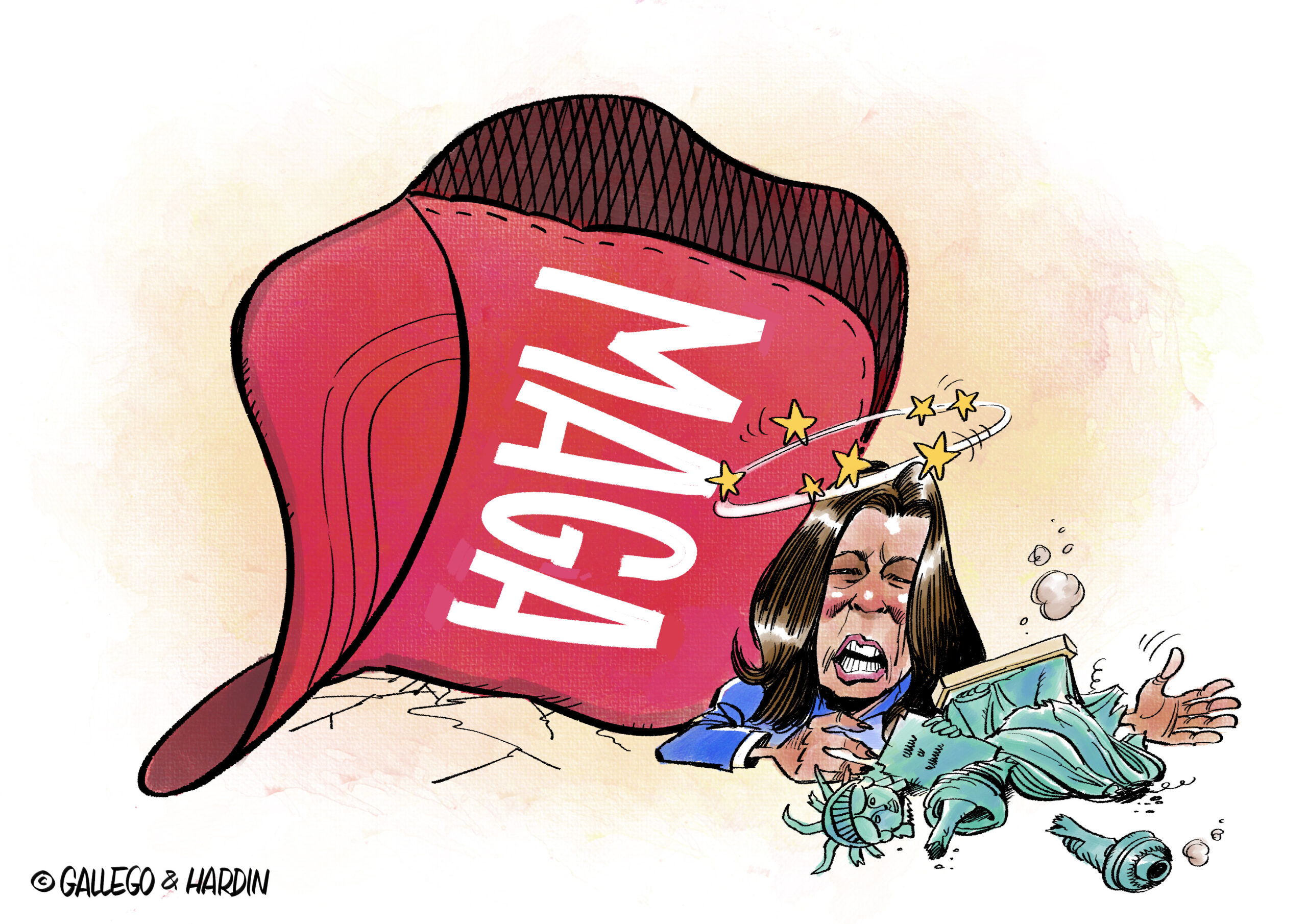Political Cartoon showing MAGA hat and Kamala Harris