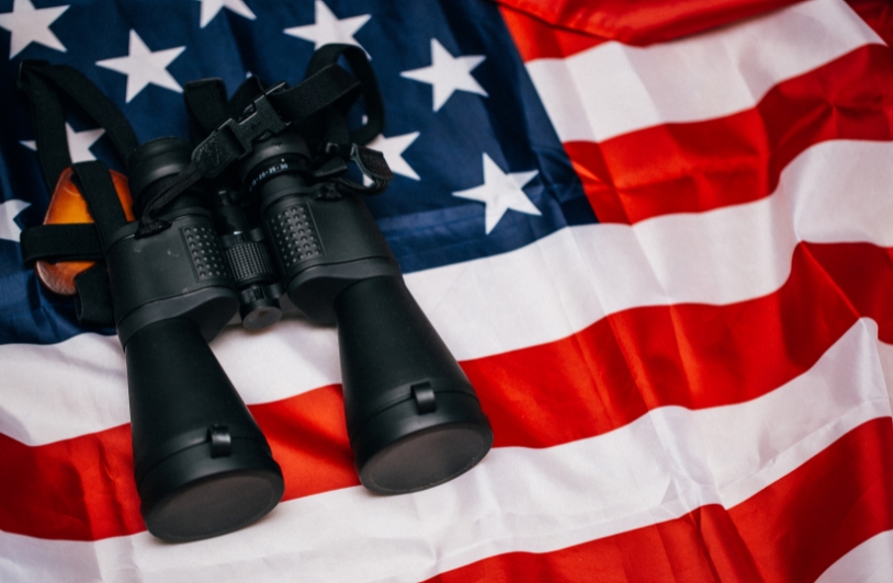 The View From Afar binoculars on an American flag
