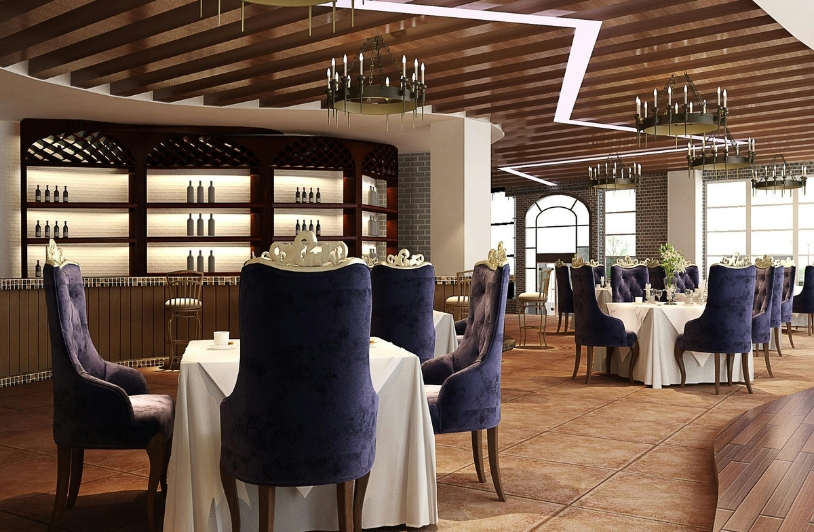Restaurant with purple chairs.