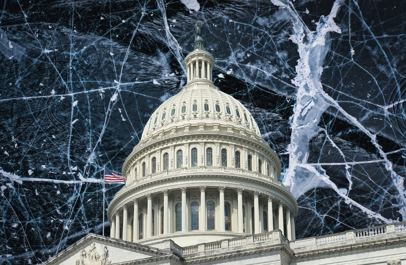 Capitol Building against cracking ice