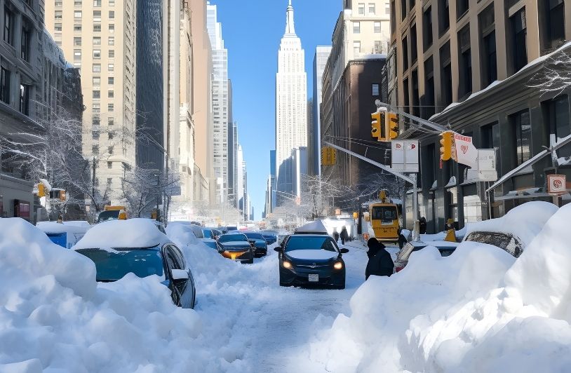 View of new york city in winter with snow