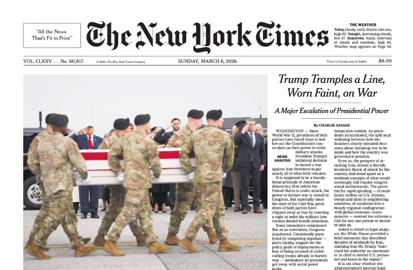 New York Times front page, March 8, 2026