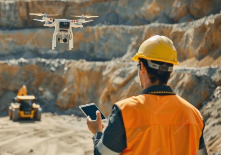 Operators of team professionals evaluating an industrial open pit mine and sand quarry pilot engine