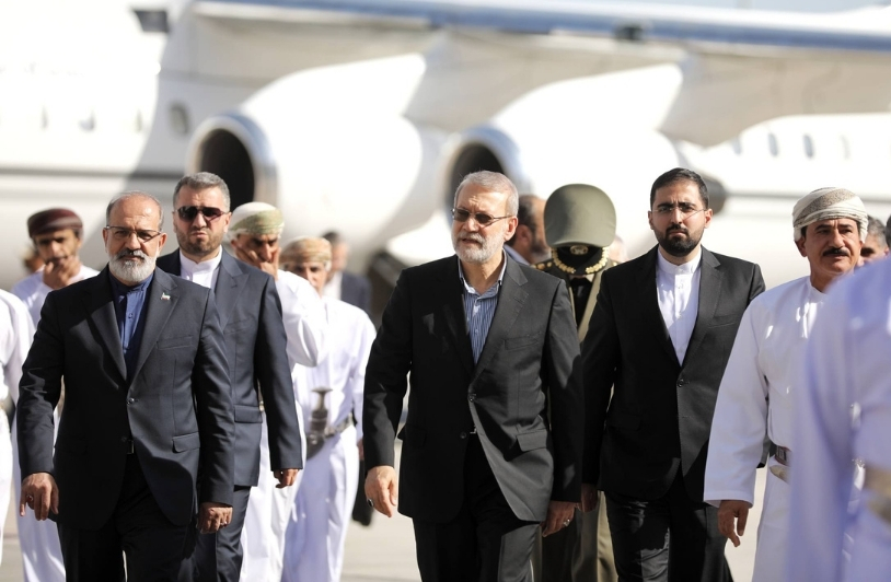 Ali Larijani, center, arrives in Muscat, Oman, Tuesday, Feb. 10, 2026