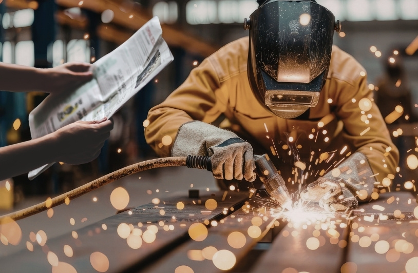 welder next to hands holding a newspaper