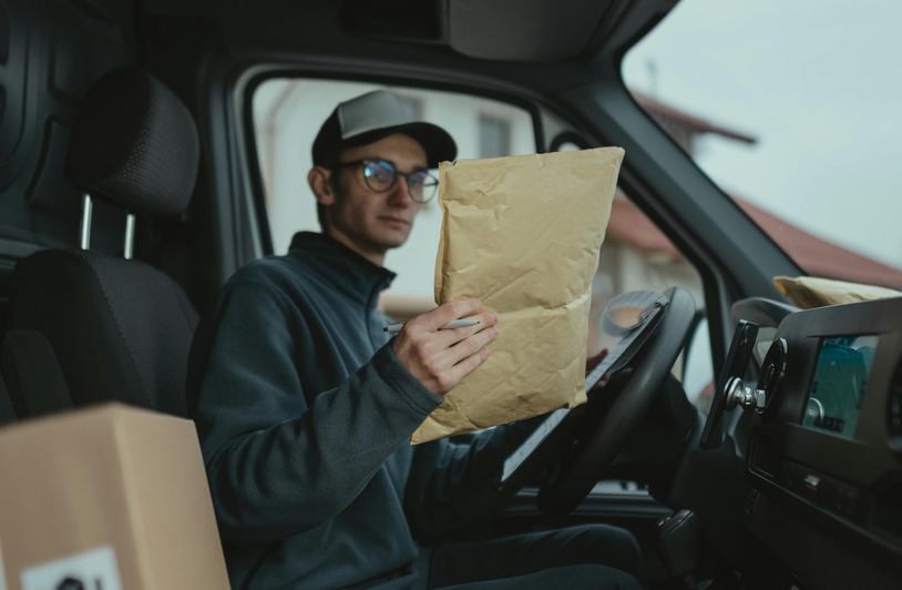 Man driving holding package.