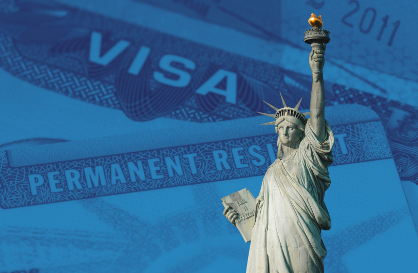 Cruel Green Card Limits Statue of liberty in front of US permanent residency card