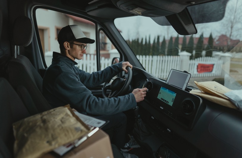 The Benefits of Delivery Management Software Young man in glasses and black cap driving a van, reaching toward dashboard controls, with cardboard boxes and a tablet mounted on the dash