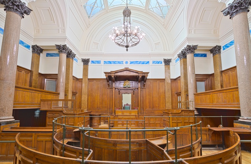 Interior view of the historic courtroom in St George's Hall, Liverpool, showcasing elegant architecture.