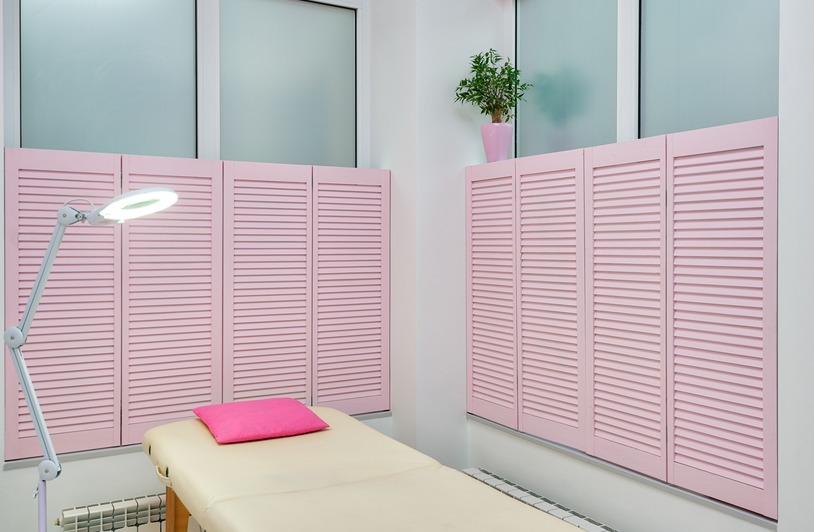 How BioMax Red Light Panels Support Faster Healing Interior of contemporary spa salon with couch under bright light of lamp with pink shutters on windows