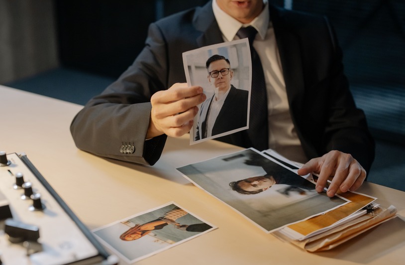 A detective in a suit reviews evidence photographs at a table, highlighting a crime investigation scenario.