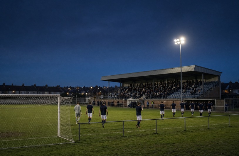 Soccer players in dark kits walking onto a floodlit grass pitch at dusk