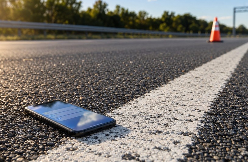 Driver looking at a smartphone while behind the wheel of a car on a busy road