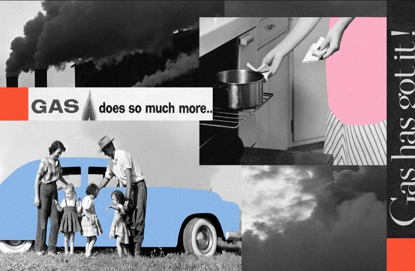 The Hidden History of How Big Oil Invented the American Dream Collage of smokestacks, ad snippets, family beside a car, and woman pulling a pan out of the oven