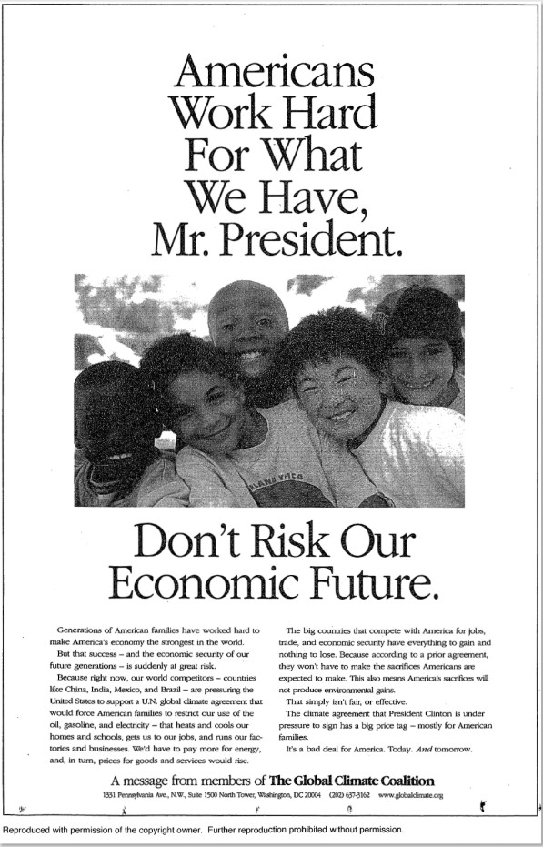 Ad featuring a photo of smiling children between text reading, Americans work hard for what we have, Mr. President. Don't risk our economic future.