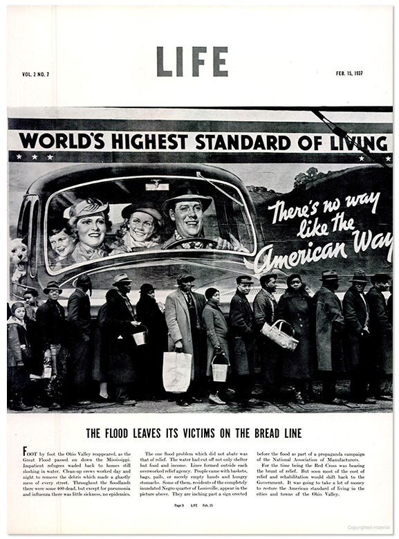 Page from Life magazine featuring photo of Black refugees standing in front of a billboard advertising car ownership