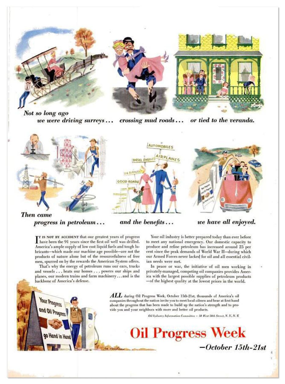 Ad for Oil Progress Week featuring illustrations of a horse-drawn carriage, a couple crossing a muddy road, and smiling people driving a car